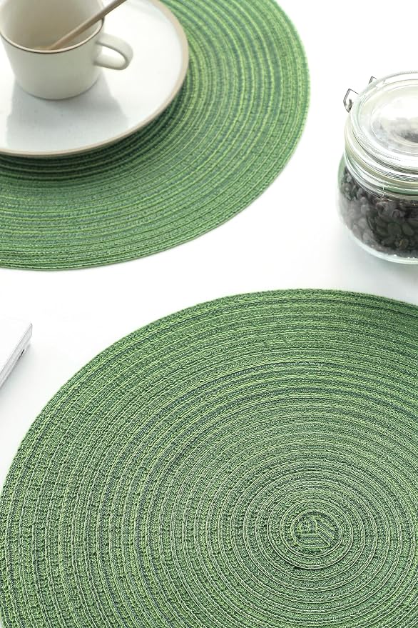 Floroom 15 Inch Round Braided Placemats Set of 6, Washable Heat Resistant Cotton Polyester Circle Place Mats for Kitchen Dining Table - Forest Green