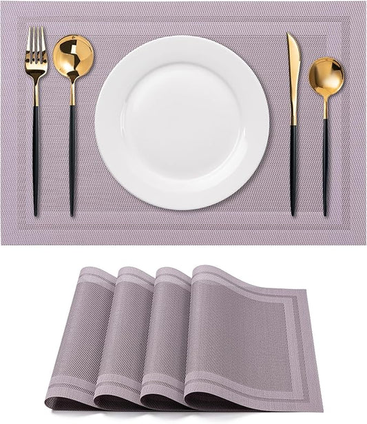 CADONO Placemats Set of 4 Washable Indoor/Outdoor Vinyl Place Mats for Dining Table Durable Non-Slip Heat Resistant PVC Weave Table Mats（Simple Style-Deep Gray）