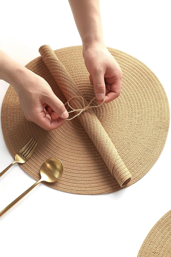 Floroom 15 Inch Round Braided Placemats Set of 6, Washable Heat Resistant Cotton Polyester Circle Place Mats for Kitchen Dining Table - Brown