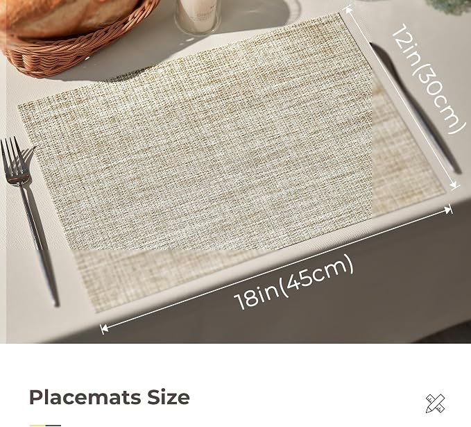 Leetaltree Sparkling Beige and Gold Vinyl Woven Placemats Set of 6 - Durable - Washable - Wipeable Dining Table Place Mats, Suitable for Indoor & Outdoor Use - Hand-Cut