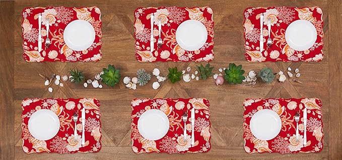 C&F Home Ruby Red & Orange Vintage 100% Cotton Quilted Set of 6 Placemats 13" x 19" Versatile Summer Shells Coral Coastal Ocean Beach Kitchen Dining Dinner Table Tabletop Scalloped Machine Wash