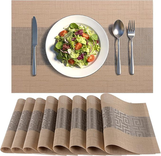 Timeet Placemats Set of 8, Heat Resistant Non-Slip Place Mats for Dining Table, Durable Washable PVC Vinyl Woven Table Mats, Resistant Kitchen Placemats Easy to Clean(Beige & Gray
