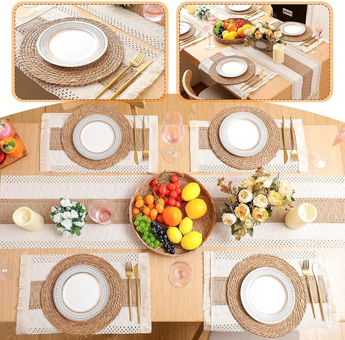 Boho Placemats 4/6/8 Set of Round Woven Placemat Macrame Style Bicolor Stitching Long Table Runner Farmhouse Rustic Natural Burlap Cotton for Kitchen Dining Table(4 Sets,Brown,12x72)