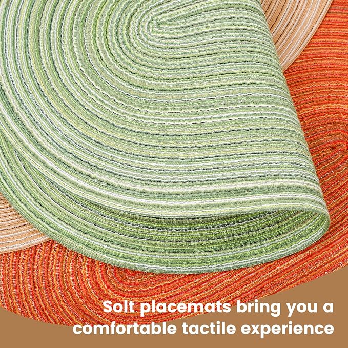 15'' Round Woven Placemats Set of 6, Natural Heat Resistant Washable Non-Slip Woven Table Mats-Green
