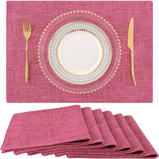homing Faux Cotton Linen Placemats Set of 6, Cloth Washable Farmhouse Dining Table Mats for Indoors & Outdoors, Easy to Clean, Hot Pink, 13 x 19 Inch