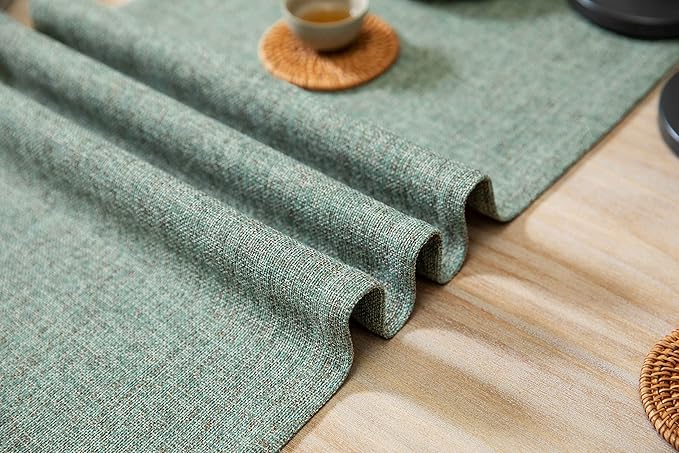ZeeMart Burlap Style Farmhouse Table Runners 90 Inches Long, Green Rustic Woven Dining Table Runner for Everyday Use, 14x90 Inches, Mineral Green