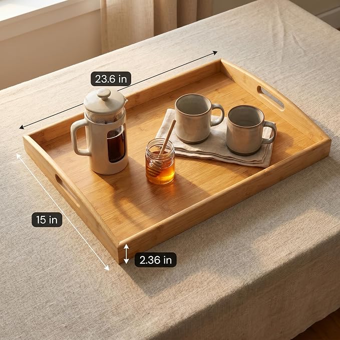 Bam & Boo Natural Bamboo Serving Tray Extra Large Rectangular with Handles for Food, Drinks, Storage, Decor, Vanity, Breakfast, Parties, Weddings, Picnics(23.6” x 15” x 2.35”, Natural)