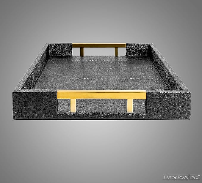 Modern Elegant 17.5"x12" Rectangle Black Glossy Shagreen Faux Leather Decorative Tray Ottoman Coffee Table Perfume Living Room Kitchen Serving Tray with Gold Polished Metal Handles by Home Redefined