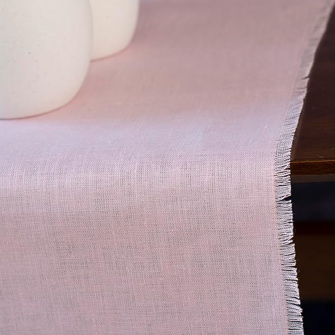 Pink Linen Table Runner with Fringe- 14x48 inches Long, 100% Pure Linen Runner for Table, Small Table Runner for Valentines Day, Spring and Summer –Thin but Luxury, Handmade