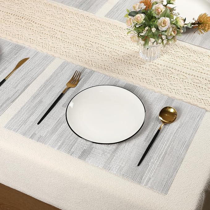 Gray Woven Placemats Set of 6 – Heat Resistant, Waterproof & Easy to Clean – Durable Synthetic Dining Table Mats for Kitchen, Restaurant & Outdoor Use