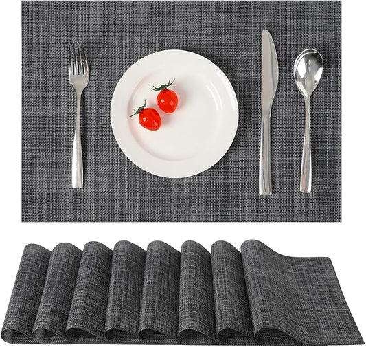 Myir JUN Placemats Set of 8, Vinyl Woven Placemats Place Mats Indoor Set of 8 Washable Table Mats Non-Slip Place mats for Dining Table (Dark Gray-Black, Set of 8)