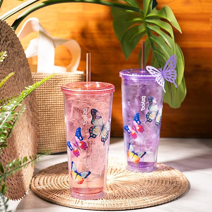 bzyoo Double Wall Tumbler with Straw and Lid Bottle Cold Drink Travel Mug Cup, 24oz (Butterfly Pink)