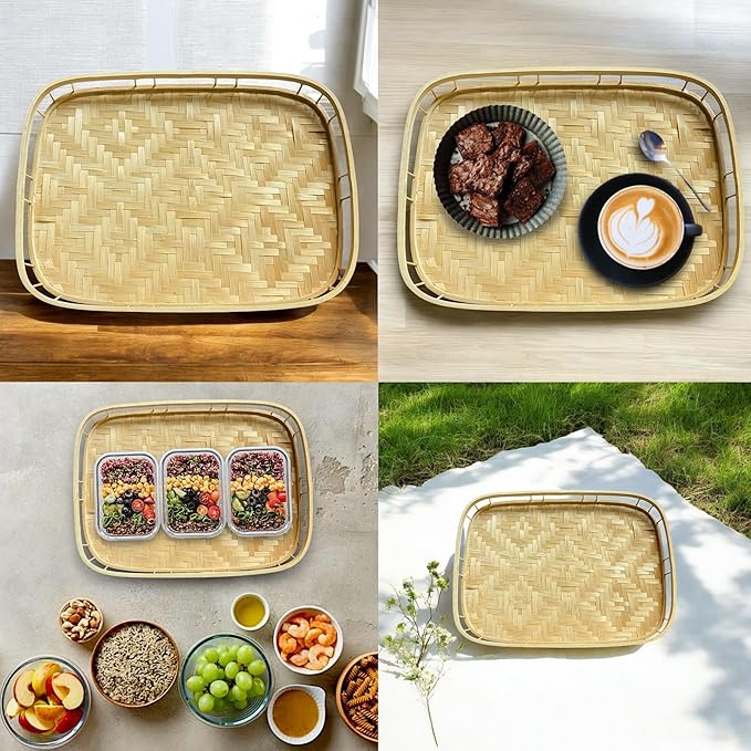 Set of 4 pcs Rectangular Bamboo Wicker Serving Trays with Handles, Handwoven Coffee Trays for Coffee, Breakfast, Bread, Food, Dish and Decorative Trays for Dining Table