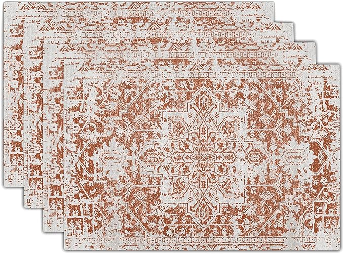 Gray Burnt Orange Boho Placemats Set of 4 Ethnic Bohemian Carpet Place Mats Washable Kitchen Dining Vintage Grey Geography Floral Linen Table Mats Stain Heat-Resistant for Home Party Indoor 12x18 in