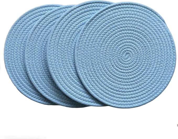 WAZAIGUR Round Placemats Washable Thick Cotton Absorbent 13 inch Round Table Mats for Kitchen Dining Table Set of 4 Round Woven Fabric Indoor/Outdoor Place Mats (Light Blue, 4)