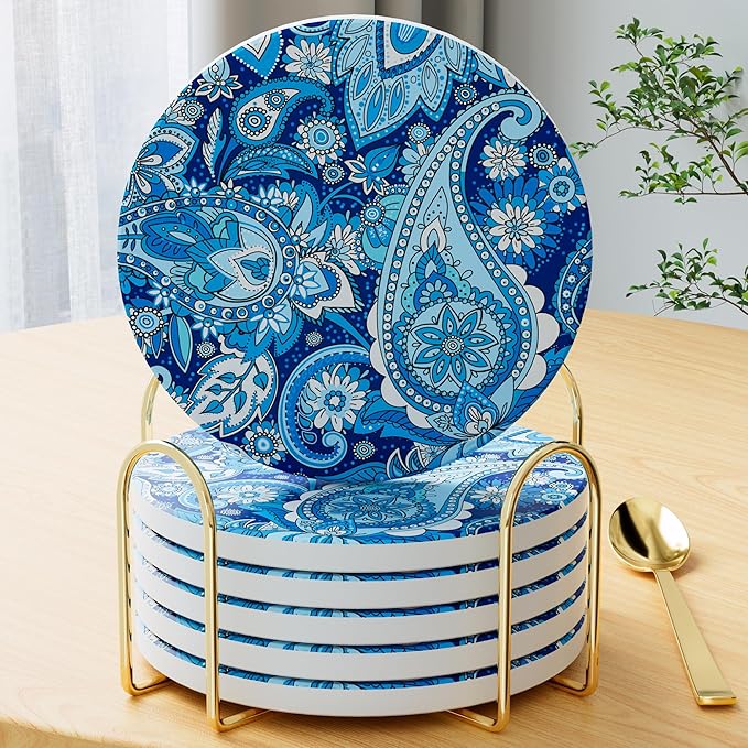 6Pcs/Set Marble Abstract Ceramic Coasters with Holder, Absorbent Drink Coasters, Coffee Cup Coaster,Round Ceramic Table Coasters Set Decorative