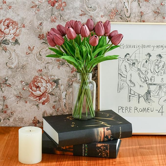 Mandy's Mauve Artificial Tulips Flowers Centerpiece, 13.5" Lifelike PU Fake Floral Stems 20pcs for Kitchen Island & Dining Table, Spring Decor for Easter