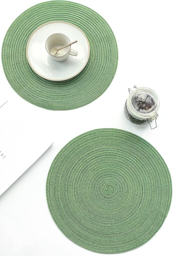 Floroom 15 Inch Round Braided Placemats Set of 6, Washable Heat Resistant Cotton Polyester Circle Place Mats for Kitchen Dining Table - Forest Green