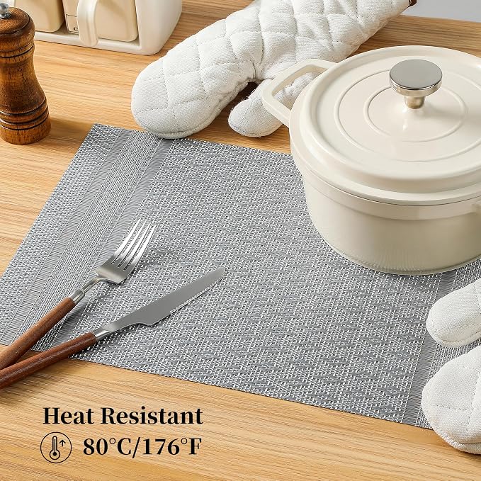 Leetaltree Lunar Grey Placemats Set of 4 - Heat Resistant Non-Slip Place mats for Dining Table, Washable Durable PVC Vinyl Woven Table Mats（Lunar Grey, 4）
