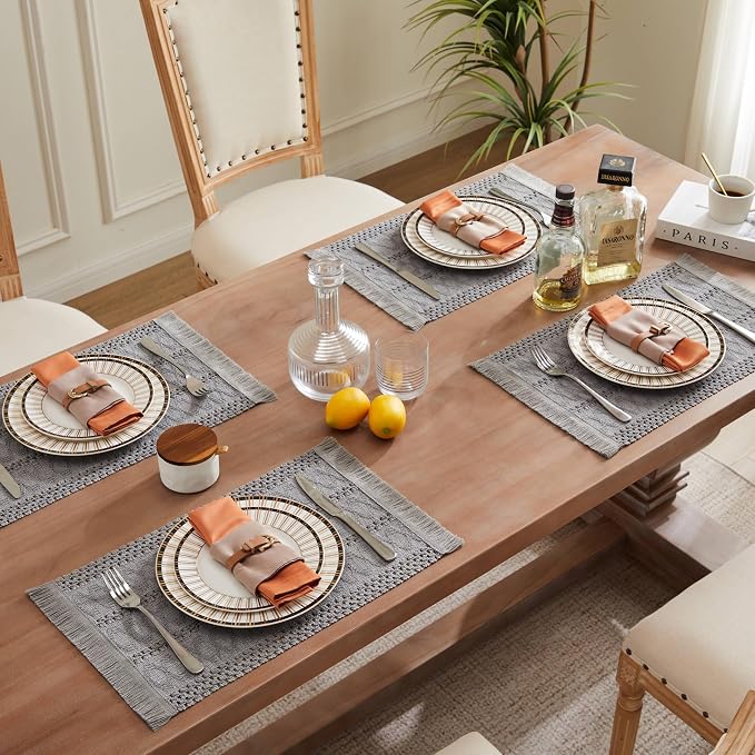 ZeeMart Macrame Style Boho Placemats Set of 6, Grey 12x20 Inch | Decorative Farmhouse Table Mats, Natural Cotton Woven Place Mats, Bohemian Home Decor for Kitchen Dining Table