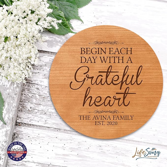LifeSong Milestones Personalized Cherry Wood Lazy Susan Kitchen Turntable Everyday Design Ideas 12” Engraved Decorative Serving Centerpiece Family (Begin Each Day)