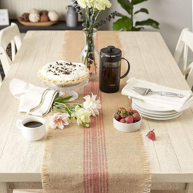 DII Jute Burlap Collection Kitchen Tabletop, Table Runner, 14x108, Middle Stripe Barn Red