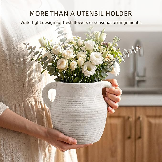 Rustic Utensil Holder for Kitchen Counter - Large Ceramic Farmhouse Cooking Utensil Crock & Organizer for Spatula, Spoon - Vintage Kitchen Decor (Ivory)