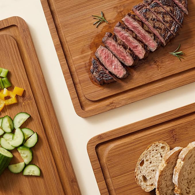 ROYAL CRAFT WOOD Wooden Cutting Boards for Kitchen Meal Prep & Serving - Bamboo Non Toxic Cutting Board Set with Deep Juice Groove Side Handles - Charcuterie & Chopping Butcher Block for Meat (3 Pcs)