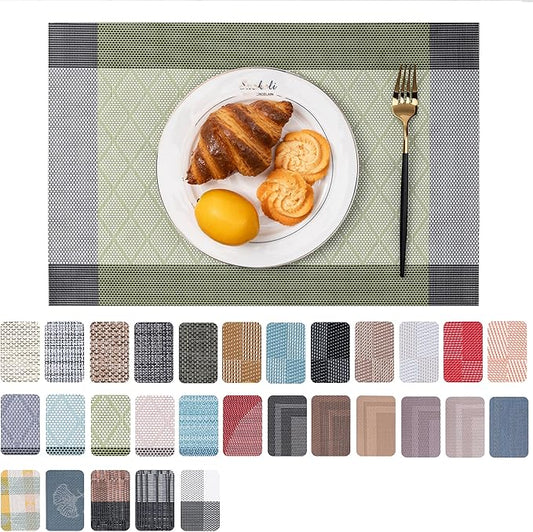 CADONO Placemats Set of 6 Washable Indoor/Outdoor Vinyl Place Mats for Dining Table Durable Non-Slip Heat Resistant PVC Weave Table Mats（Rhombus-Green）