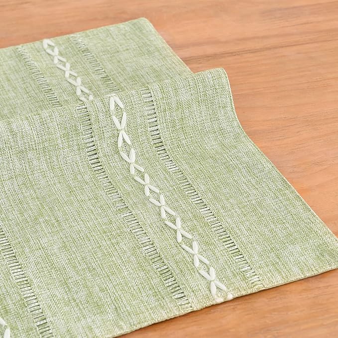 Wracra Cotton Linen Placemats, 12 x 18 Inch Set of 8 Placemats Rustic Hemstitch Place Mats for Kitchen Table and Heat Resistant-Hemstitch Sage Green