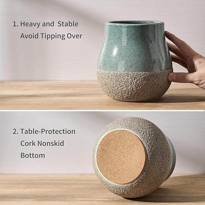 JIEMEI HOME Kitchen Utensil Holder, 6.3" Ceramic Rustic Utensil Crock for Countertop, Farmhouse Cooking Tool Organizer, Spatula Holder For Kitchen Decor, Speckled Blue & Brown