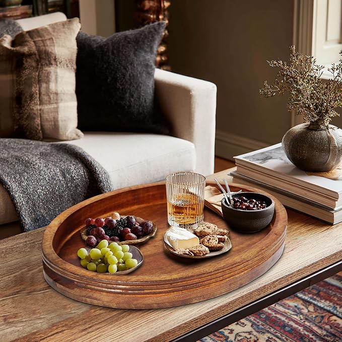 Croft&Cane Solid Wood Serving Tray - 16.75 x 12.5 Inch Oval Decorative Ottoman Tray - Hand-Carved Ribbed Design - Natural Wood Tray with Handles for Coffee Table, Kitchen, Breakfast & Décor