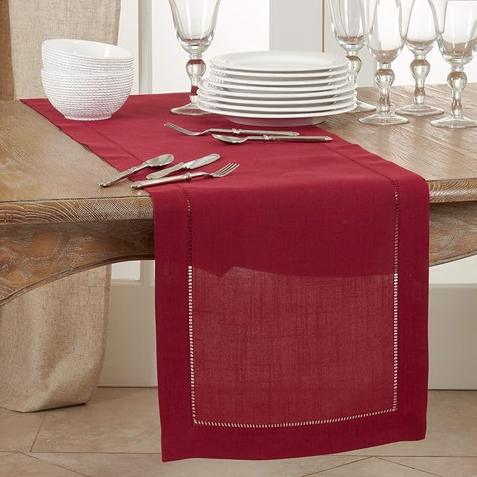 SARO LIFESTYLE Hemstitched Border Table Runner, Burgundy, 16"x72"