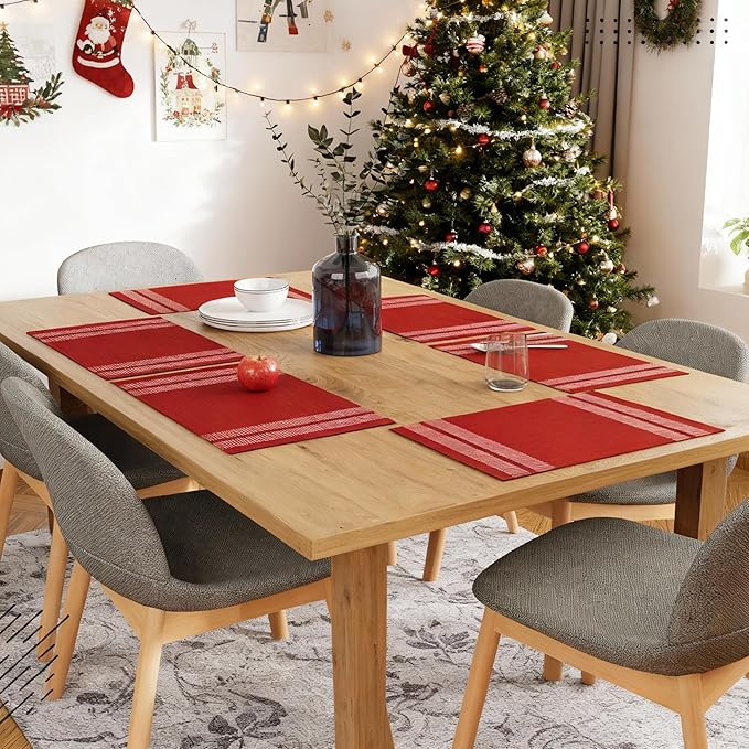 Encasa XO Dining Placemat Set of 6 | Ladder Red Color | Fine Ribbed Cotton Table mat | Size 18x13 in | Machine Washable