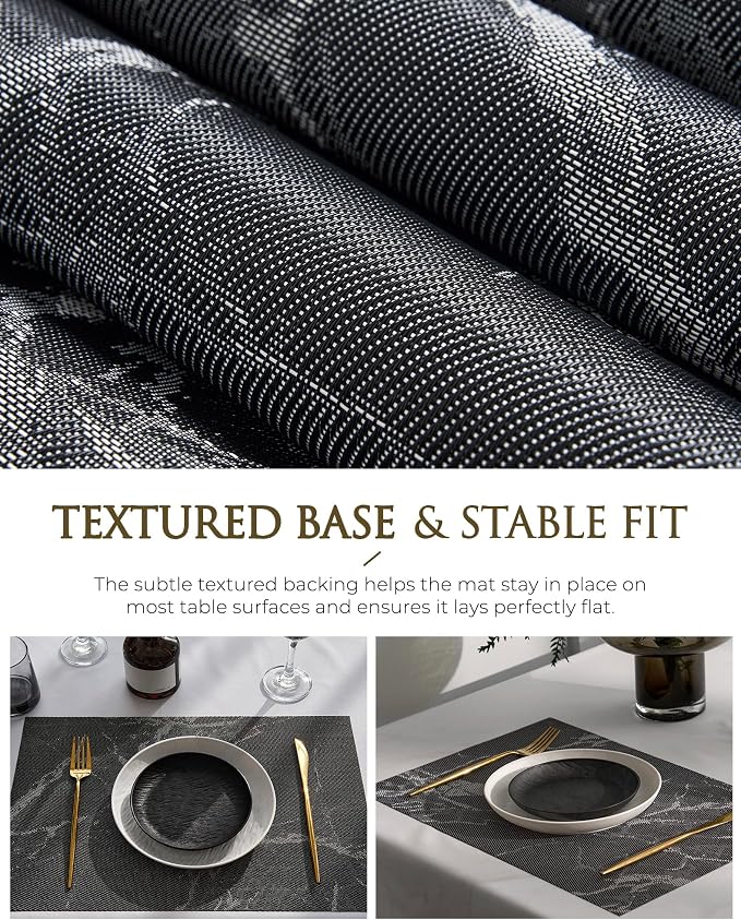 Leetaltree Reversible Marble Placemats Set of 8 - Ships Flat and Stays Flat, Durable Washable Vinyl PVC Placemats, Heat Resistant, Easy Wipe Clean (Black Marble Pattern)