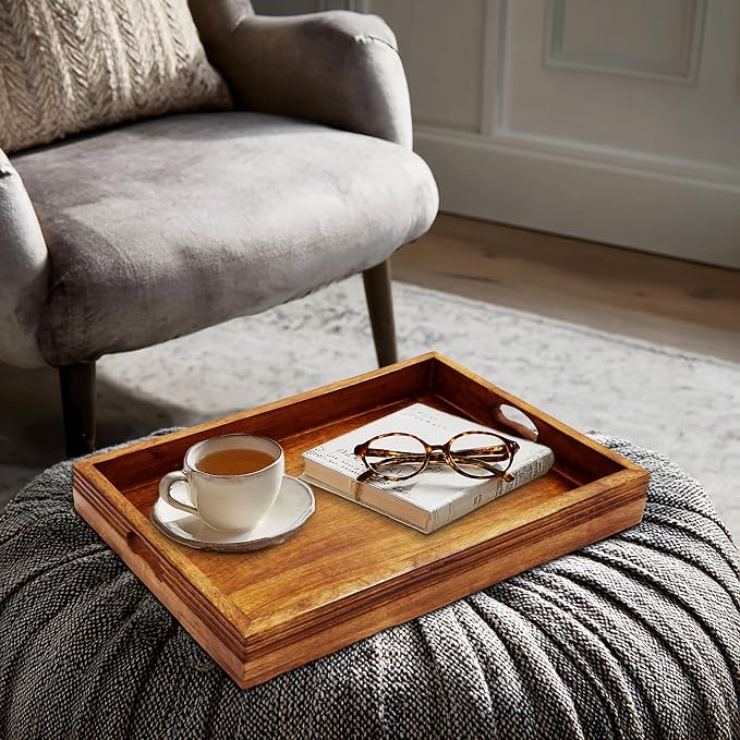 Croft&Cane Solid Wood Serving Tray - 17 x 13 Inch Rectangular Decorative Ottoman Tray - Hand-Carved Ribbed Design - Natural Wood Food Tray with Handles for Coffee Table, Kitchen, Breakfast, Décor
