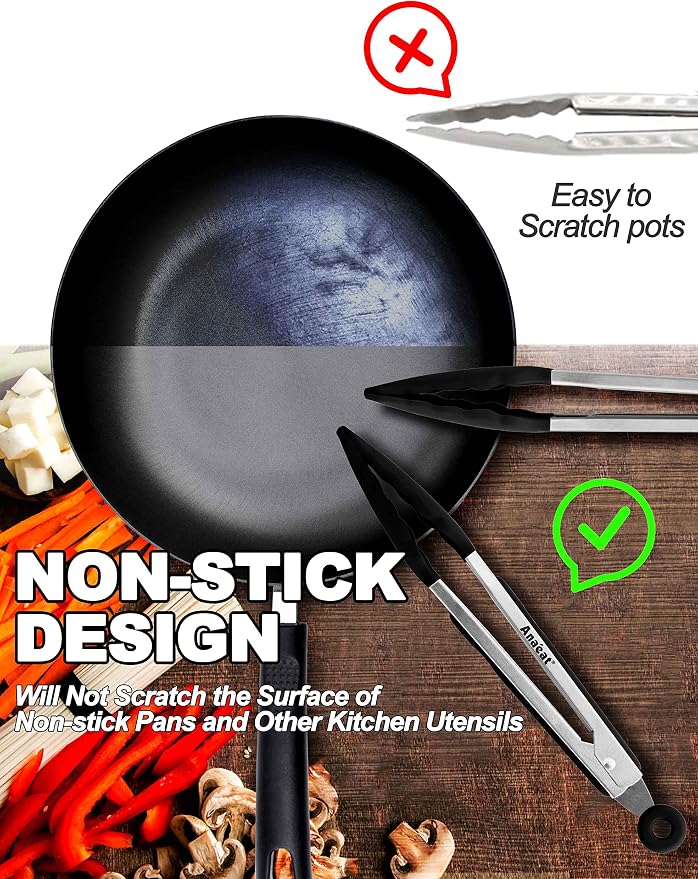 Anaeat Non-Stick Silicone Locking Tong Set of 2 - Stainless Steel 9" and 12" Kitchen Food Tongs with Non-Slip Silicone Tips and Grip for Cooking, Baking and BBQ - Heavy Duty & Heat Resistant (Black)