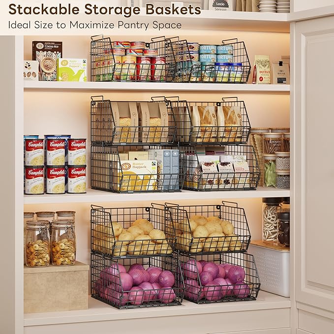 3-Tier Stackable Wire Baskets for Counter, Fruit and Vegetable Storage, Potato and Onion Storage Bin，Kitchen Pantry Organizer - Wall Basket for Produce/Snack/Can, Black