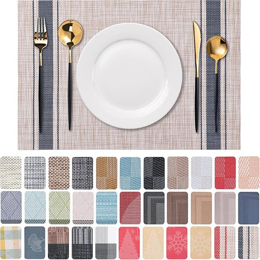 CADONO Placemats Set of 6 Washable Indoor/Outdoor Vinyl Place Mats for Dining Table Durable Non-Slip Heat Resistant PVC Weave Table Mats（Stripes-Blue）