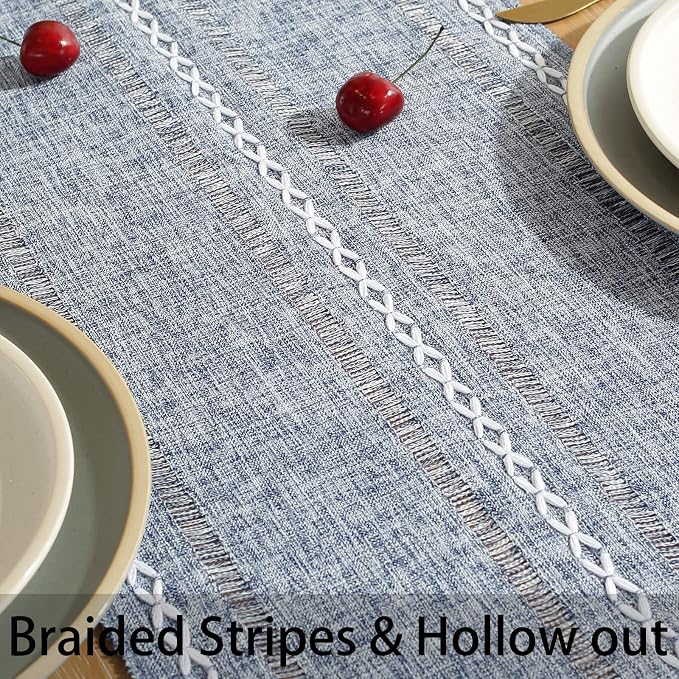 Rustic Boho Table Runner, Farmhouse Table Runners 90 Inches Long for Kitchen Dining Room, 13x90 Inches, Blue Lines