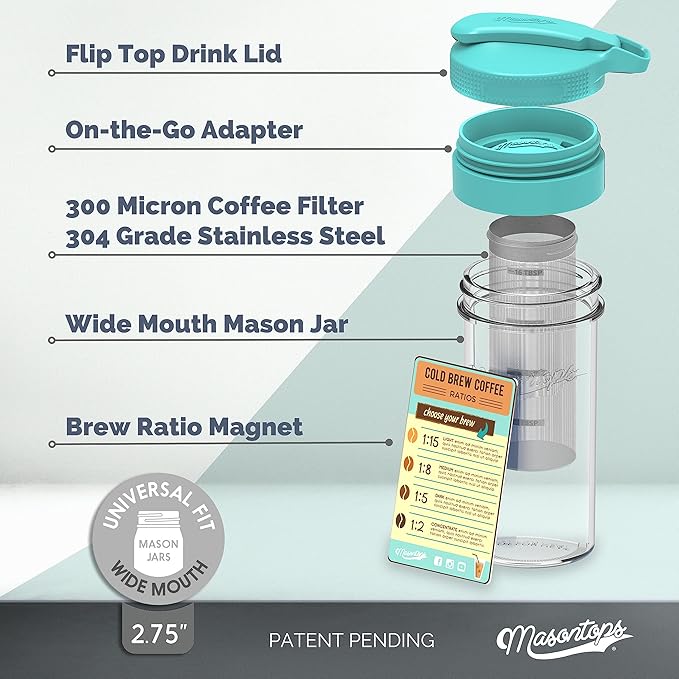 Masontops Cold Brew Makers Kit - Deluxe Iced Coffee Maker with Glass Pitcher & Stainless Steel Mesh Filter - Easy Pour Fridge Cold Brewer System