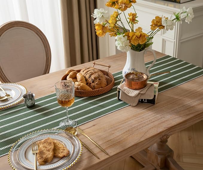 Caflife Boho Table Runner 90 Inchs Long Green, Cotton and Linen Woven with Tassels, for Modern Rustic Farmhouse Neutral Table Runners, Bohemian Kitchen Dining Table Home Decor