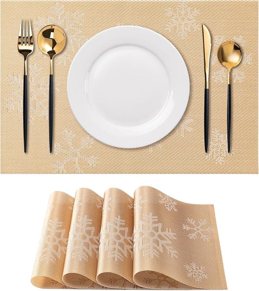 CADONO Placemats Set of 4 Washable Indoor/Outdoor Vinyl Place Mats for Dining Table Durable Non-Slip Heat Resistant PVC Weave Table Mats（Christmas Snow-Gold）