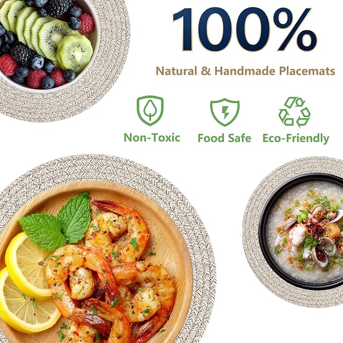 Round Woven Placemats Set of 6, 13.4 Inches Cotton Round Placemats, Heat Resistant Washable Table Mats for Indoor & Outdoor Dining Table Decor
