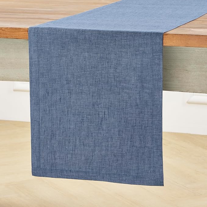 Solino Home Linen Table Runner 72 Inches Long - Athena, 100% Pure Linen Blue Denim Dining Table Runner 14 x 72 Inch for Spring, Summer
