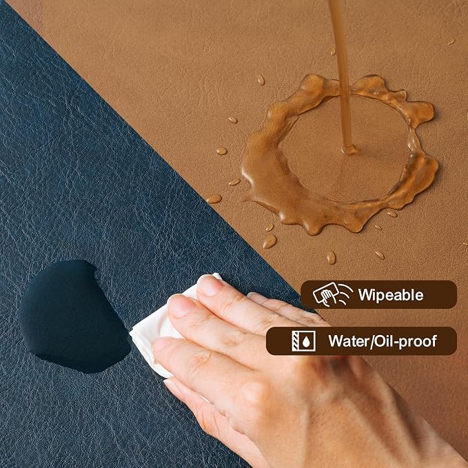 Placemats Set of 4, DOLOPL Reversible Dual-Color Faux Leather Place Mats 17"x11.8"– Waterproof, Heat Resistant, Washable & Wipeable, Luxury Retro Style for Kitchen, Dining Table (Camel/Navy Blue)