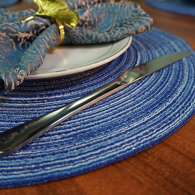 Red-A, Placemats, Round Placemats for Dining Table Set of 8 Woven Heat Resistant Non-Slip Kitchen Table Mats Diameter 14 Inch(Blue)