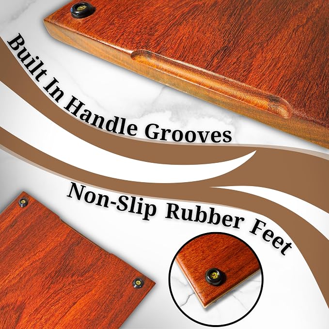 Red Teak Wood Cutting Board, Scratch & Warp Resistant, Premium Hardwood Wooden Cutting Board with Handles & Non-Slip Feet, For Meat, Vegetables & Charcuterie (17x11x0.75)
