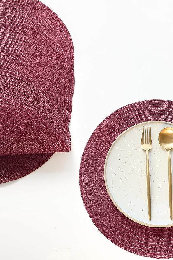 Floroom 15 Inch Round Braided Placemats Set of 4, Washable Heat Resistant Cotton Polyester Circle Place Mats for Kitchen Dining Table - Burgundy