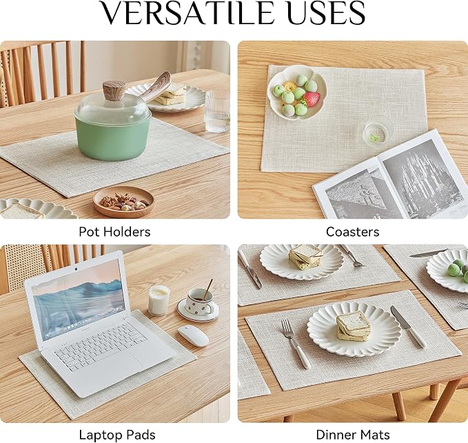 Softalker Faux Linen Placemats Set of 8-12 x 18 Inch, Heat Resistant Double Layered Durable Burlap Farmhouse Place Mats, Non-Slip Washable Rustic Table Mats for Dining, Kitchen, Party（Cream